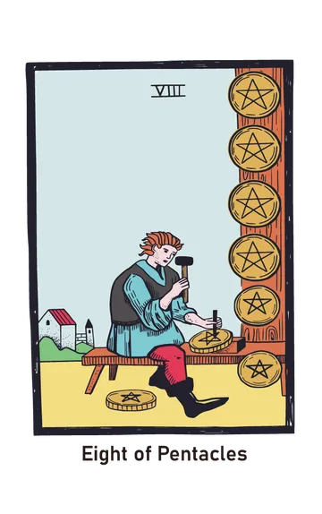 펜타클 8 타로카드 (8 of Pentacles) 그림